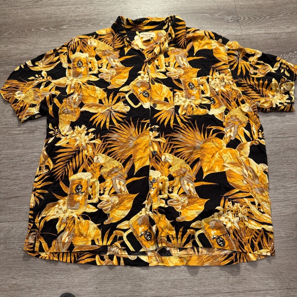 Panama Jack Shirt Men XL Black Rayon Tropical Parrot Beer Summer Vacation Casual